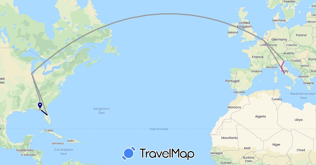 TravelMap itinerary: driving, plane, train in Belgium, Italy, United States (Europe, North America)